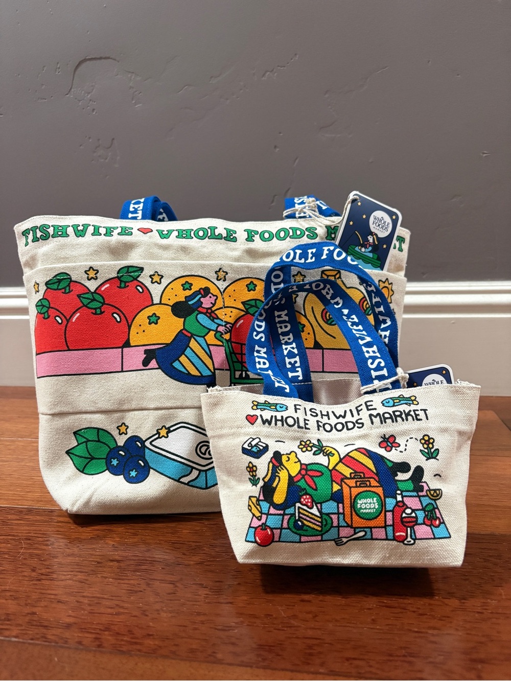 Whole Foods Market Canvas Tote Bag in Cream with Colorful Produce Print